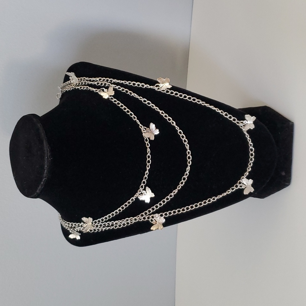 Silver Butterfly 3 Tier Multi Strand Layered Necklace